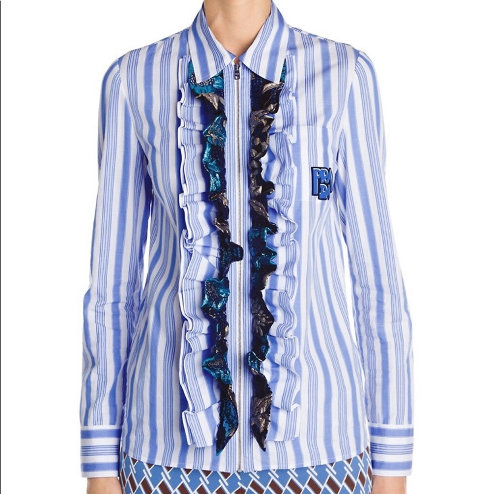 PRADA STRIPE ZIP-UP RUFFLE SHIRT